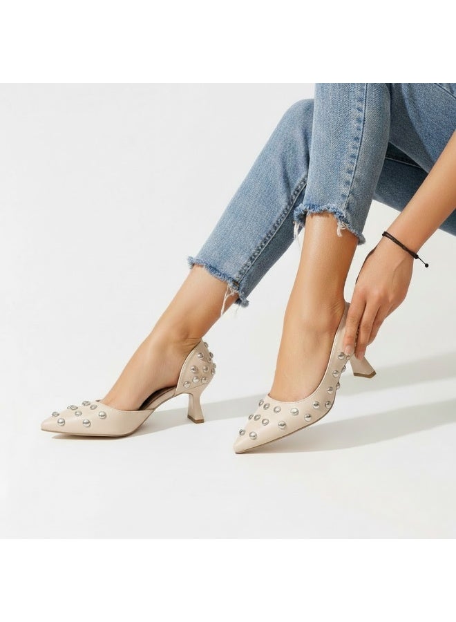 لايف ستيلاش  أحذية بكعب متوسط جلدية أنيقة GZ-900 - بيج - Image 1